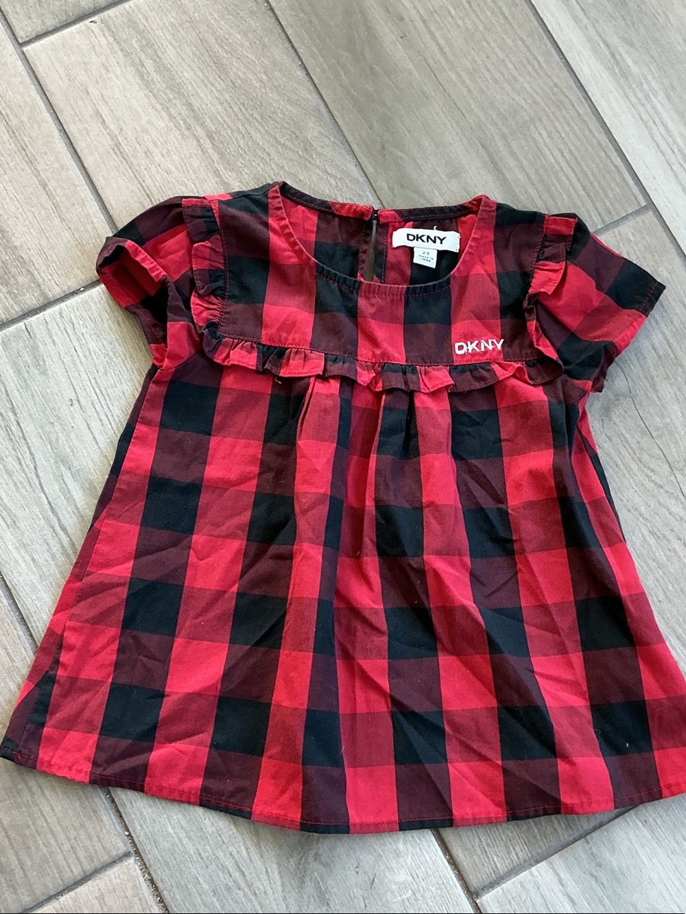 DKNY Red and Black Buffalo Plaid Girls Short Sleeve Top